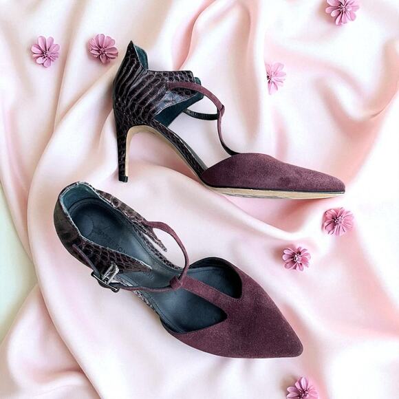 Sigerson Morrison Stiletto Vtg. Y2K Eggplant Purple Suede Ankle Tie Heels Sz 6 - Picture 2 of 11